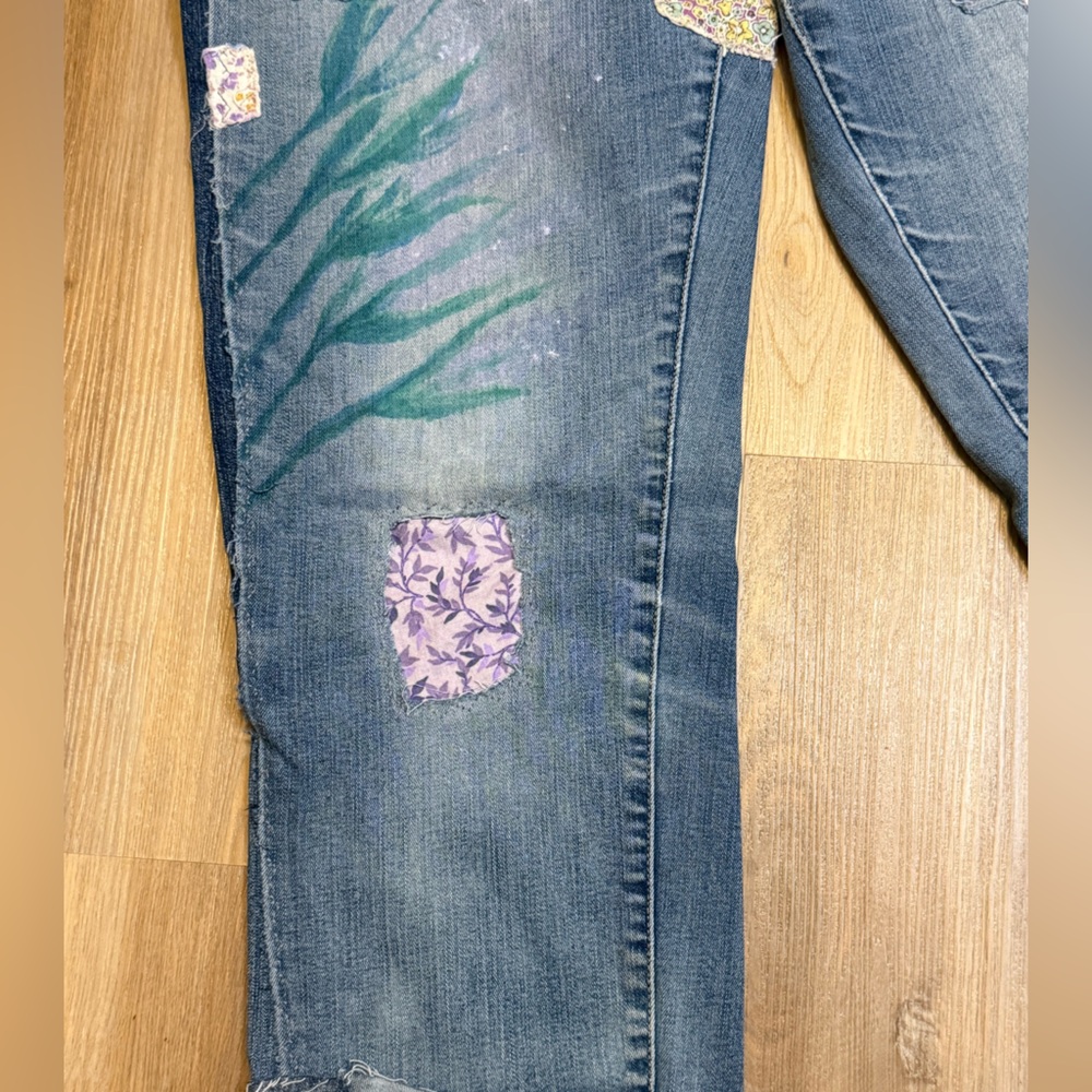 Upcycled Hand-Painted Patchwork Jeans Denim Side … - image 5